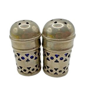 Vintage EPNS Made in England Cobalt Blue Glass Salt and Pepper Shakers Set